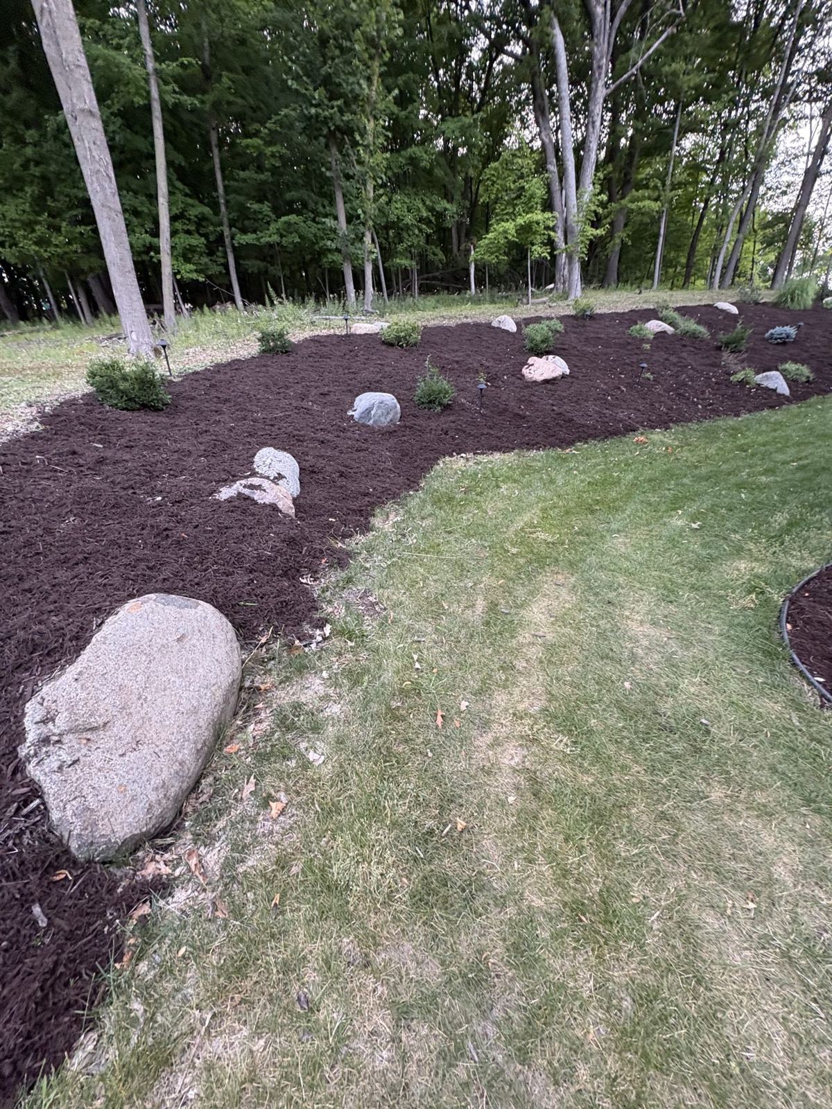 Fresh mulch bed with boulders and new plantings — a real NLL project